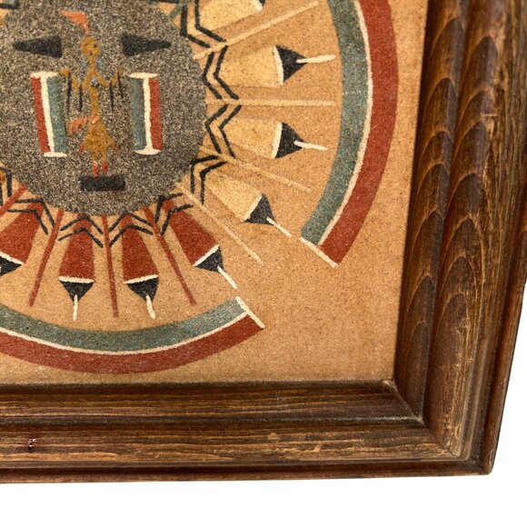 Navajo Sand Painting With Geometric Design In Wooden Frame - Picture 6 of 11